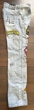 Mixed Emotion “Worker” Jeans Patchwork Graphic Light Wash Streetwear Denim 34/35